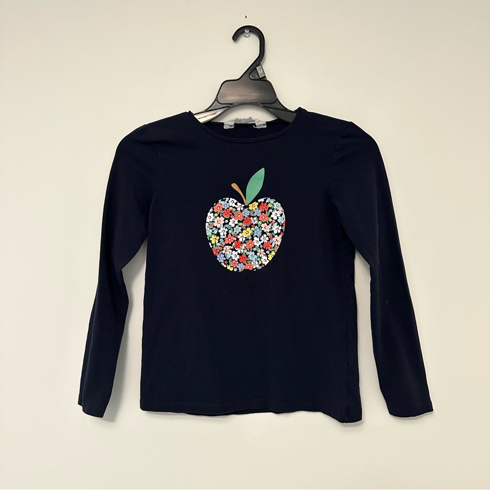 H&M Girls' Size 8/10 Navy Blue Long Sleeve T-shirt with Floral Apple Graphic